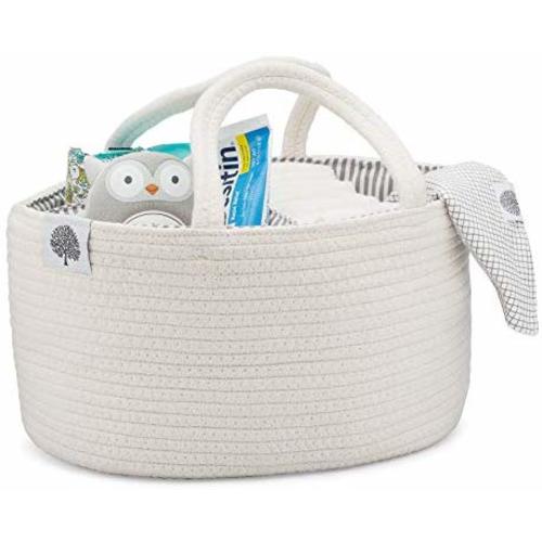 Parker Baby Rope Diaper Caddy Organizer - Nursery Storage Bin and Car Organizer for Diapers and Baby Wipes - Diaper Organizer for Baby Essentials - White