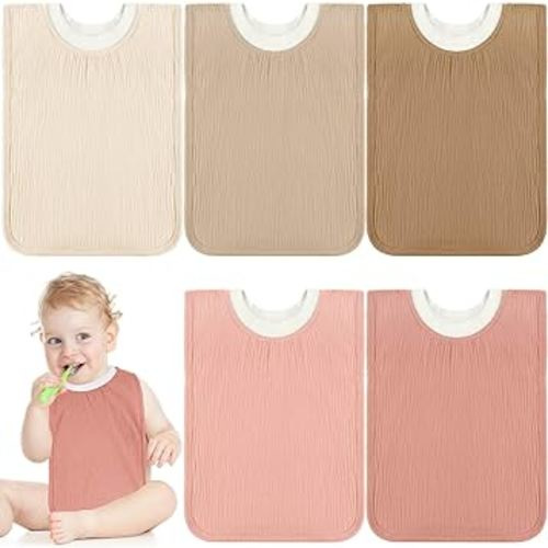 Newwiee 5 Pcs Large Muslin Pullover Baby Bibs Full Coverage Toddler Slip on Absorbent Bib Waterproof Toddler Towel Bibs (Cute Color)