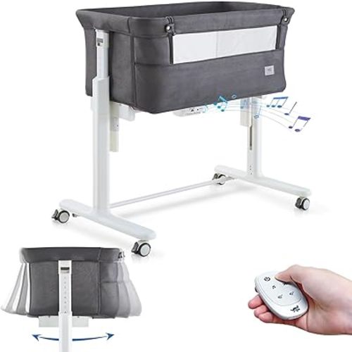 Rocking Bassinet for Baby Automatic Bedside Crib Electric Cradle 5 Heights Adjustable Bedside Sleeper for Babies Infant Smart Auto Rocking Crib 3 in 1 Bassinet on Wheels, Dark Grey