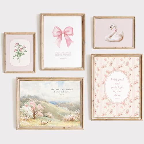 Nursery Christian Wall Art Bible Verses Canvas Wall Decor Baby Girl Room Poster Vintage Pink Nursery Prints Decor Floral Bow Swan Artwork Jesus Scripture Picture for Bedroom 8x10x5 Inch Unframed