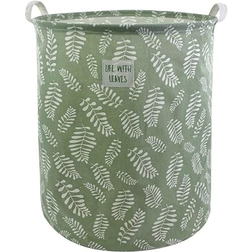 Mziart Large Foldable Laundry Basket Organizer, Collapsible Laundry Hamper Fabric Clothes Toy Storage Basket Nursery Hamper Storage Bin for Household Bedroom, Bathroom, College Dorm (Small White Leaf)