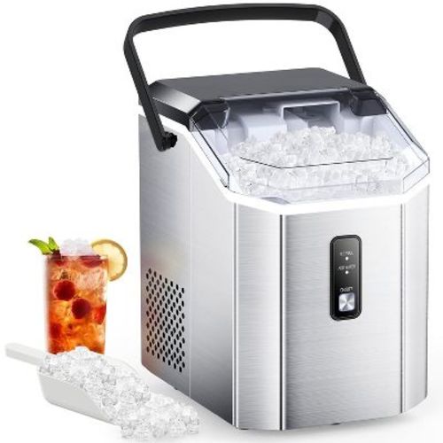 R.w.flame Nugget Ice Maker Countertop, Portable Ice Maker Machine With Handle, Self-cleaning, With Ice Scoop And Basket, Stainless Steel Silver