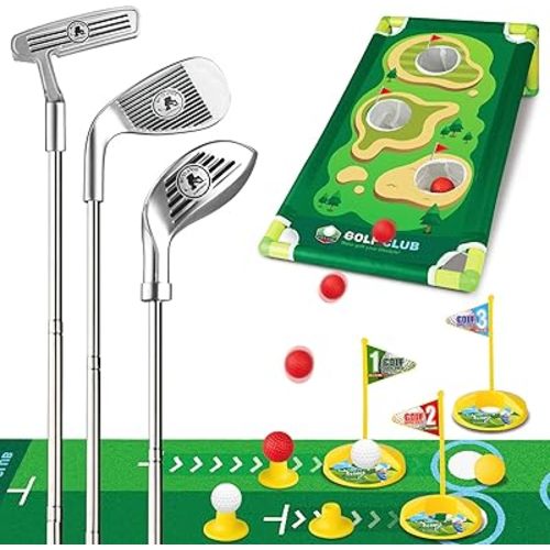 Toddler Golf Set for Boys Girls 3 4 5 6, Retractable Kids Golf Clubs with Cornhole Board & Putting Mat, Outdoor Indoor Sports Training Toy for Birthday Gifts