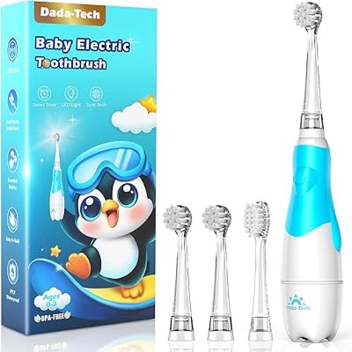 DADA-TECH Toddler Electric Toothbrush Kids Age 1-2-3 Years Old, Baby Electric Toothbrush with LED Light 2 Minutes Timer 4 Vibrating Heads for Infants Toothbrush 6 to 12 Months and Up (Blue)