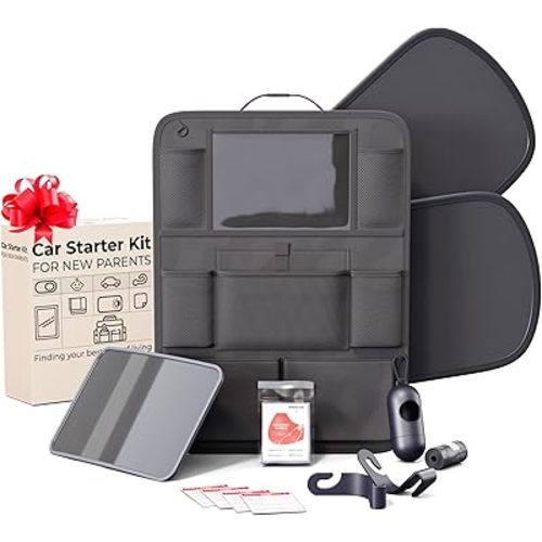 Baby Car Essentials Starter Kit for New Parents w/ 1 Backseat Organizer 2 Window Sun Shades 2 Headrest Hooks 1 Rear Facing CarSeat Mirror – Baby Car Stuff Must Haves & Newborn Essentials