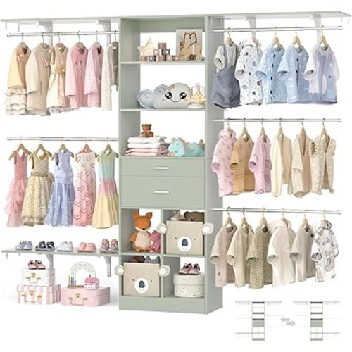 Closet System - 4.75-8FT Closet Organizer System with Wooden Drawers & Cube Storage Organizer, Up To 96" Closet Systems for Nursery & Walk-In Closets with Cuttable Hanging Shelving, Crab Green