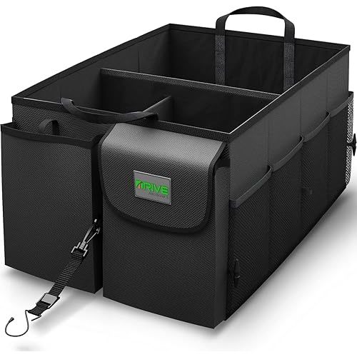 Drive Auto Car Trunk Organizer - Collapsible, Multi-Compartment Automotive SUV Car Organizer for Storage w/Adjustable Straps - Truck & Car Accessories for Women and Men - Black