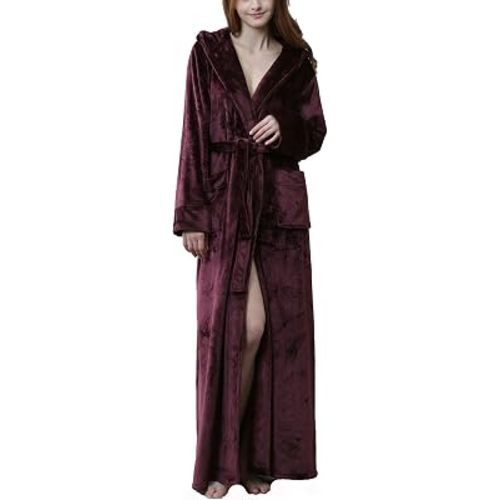 Flygo Womens Fuzzy Plush Long Hooded Robe Full Length Flannel Fleece Bathrobe Warm Housecoat