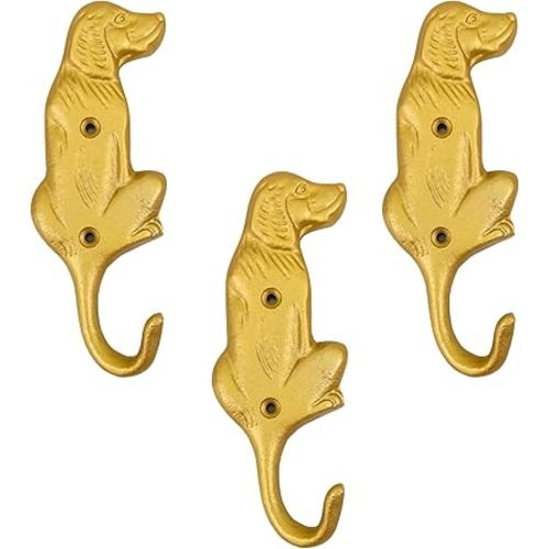 AYZCORP Set of 3 Cast Iron Dog Shape Coat Hooks Wall Art Decor-Dog Shape Hangers and Key Holder-Clothes Rack and Backpack Hanger-Coat Hooks Home Decor for Storage, Living Room,Hallway (Gold Finish)