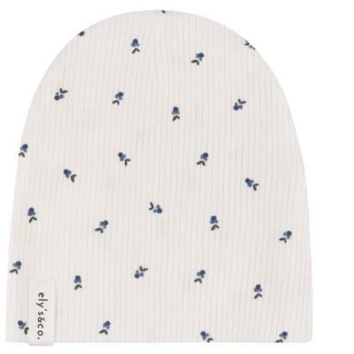 Ely's & Co. Baby Cotton Ribbed Beanie - Ivory with Blue Berry Print - 3M