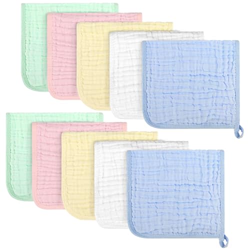 AIDEA Burp Cloths and Washcloths for Baby, Absorbent Cotton Muslin Baby Towels, Large Soft Breathable Newborn Essentials for Boys and Girls, Newborn Essentials, 10 Pack, 20"x10"