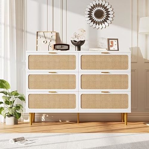 Rattan 6 Drawer Dressers for Bedroom, Large Double Dresser with Deep Drawers, Chest of Drawers for Closet with Wide Top, Long Wooden Dresser for Living Room, Hallway, Kids Room, White