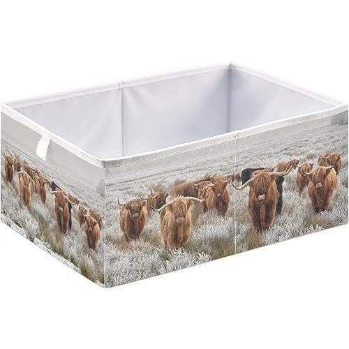 linqin Scottish Highland Cow Print Rectangle Storage Basket, Foldable Open Storage Bins Baby Nursery Toy Organizing with Handles for Shelves Closet Home Decor