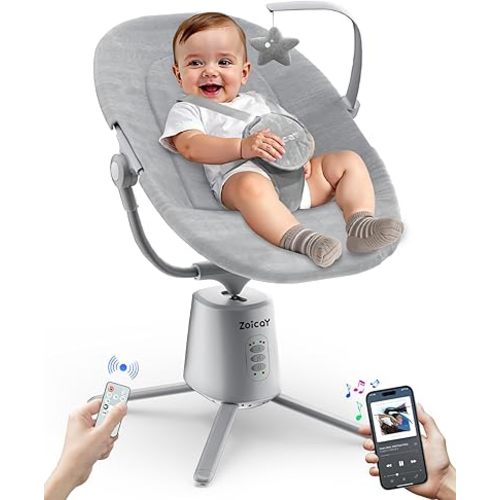 Zoicay Baby Swing,Baby Swings for Infants with 3 Modes & 5 Speeds, BT Enabled App & Remote Control, Electric Swing – 6 Lullabies and 3 Timer Setting, 2 Seat Positions and 5-Point Harness Swing (Gray)