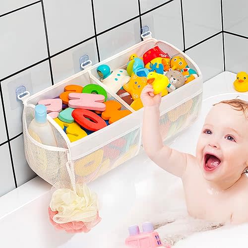 Original Two Compartment Easy-access Mesh Bath Toy Organizer for Bath Tub with Large Openings Quick Drying Cute Toddler Bath Toy Storage Holder for Baby