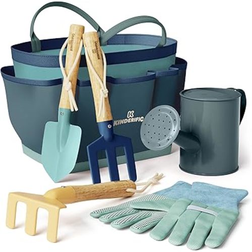 Gardening Set, Tool Kit, for Kids, STEM, Includes Tote Bag, Spade, Watering Can, Rake, Fork, Trowel and Gloves (Ocean Blue)