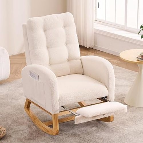 Nursery Rocking Chair with Retractable Footrest,Accent Rocker for Relaxing, Side Pocket,A+ Grade Rubber Wood,Suitable for Living Room,Bedroom and Balcony(Teddy Fleece, Beige)