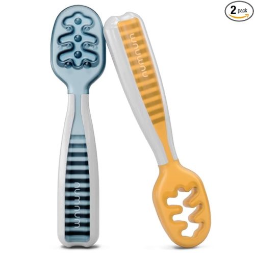 NumNum Baby Spoons Set, Baby Essentials Pre-Spoon GOOtensils for 6+ Months, First Stage Self-Feeding Spoons for Baby Led Weaning (BLW), Silicone Toddler Utensils, BPA-Free, 2 Pack Blue/Orange