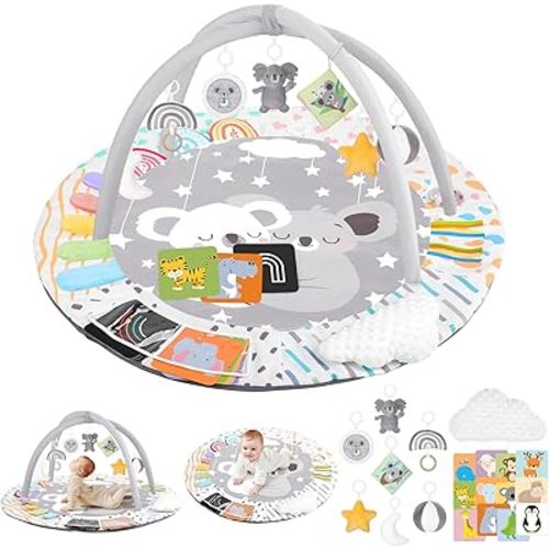 Baby Play Gym & Activity Mat, Tummy Time Mat with Tummy Time Pillow 7 Detachable Sensory Toys and Educational Cards for Motor Skills & Sensory Development, Baby Essentials Shower Gift, Grey Koala