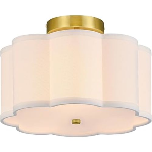 VONLUCE Semi Flush Mount Ceiling Light, 12.6" Ceiling Light Fixture with Flower-Shaped Fabric Shade, 3-Light Modern Light Fixture for Bedroom Living Room Nursery Hallway, White Shade & Gold Finish