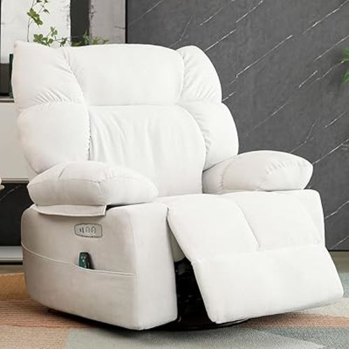 EDWELL White Power Recliner Chair, Swivel Rocking Recliner Chairs for Adults with Massage and Heated, Soft Single Reclining Swivel Sofa with USB, USB-C Ports for Living Room