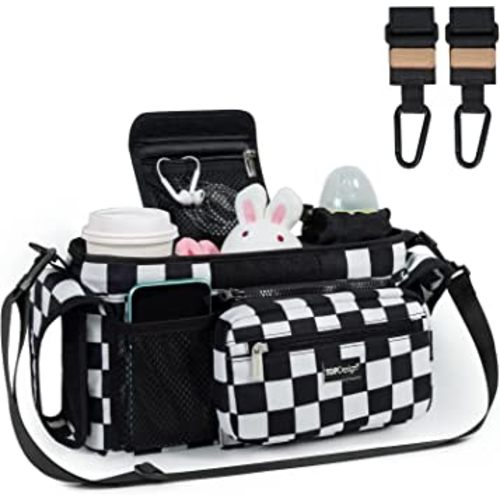 TOPDesign Universal Baby Stroller Organizer, Stroller Caddy with Heightened Insulated Cup Holders & Non-Slip Secure Hooks Accessories, Fits Most Strollers, Machine Washable (Checkerboard)