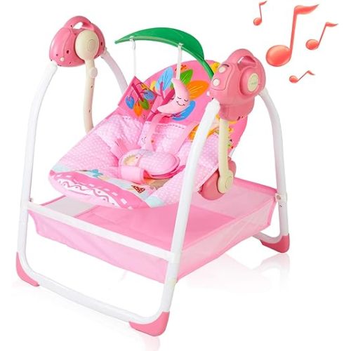 Baby Swing for Infants, Portable Baby Swing with 6 Motions, Toddler Swing with Music, Sounds, Timing, Baby Rocker with 2 Toys, Plsuh Seat & Soft Head Support, Machine Washable Fabric (Pink)