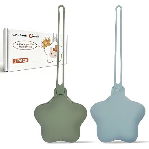 Silicone Pacifier Holder Case, ChufanMomsil Pacifier Pouch Storage Case for Diaper Bags, Cute Silicone Pacifier Holders for Newborn Baby Boy Girl, 2 Pack Stars, Green + Blue