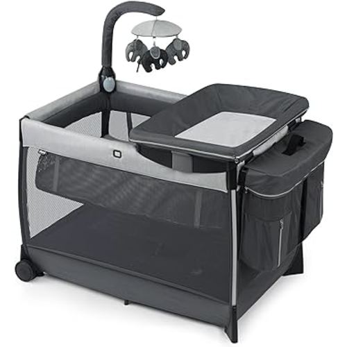 Chicco Lullaby Zip All-in-One Portable Playard, Infant Bassinet and Changer, Electronic Toy Bar, Toddler Playard, Travel Friendly | Driftwood/Grey