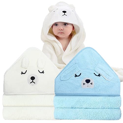 ROXANEPIG 2 Pack Hooded Baby Towel - Premium Soft Bath Towel for Bathtub for Babie, Newborn, Infant - Ultra Absorbent, Natural Baby Stuff Towel for Boy and Girl (White & Blue)