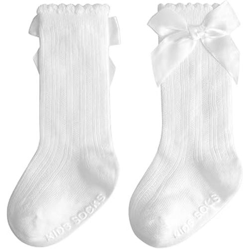 Baby Knee High Socks Girl Non Slip Toddler Stockings Cotton Bow Ruffle Newborn Long Socks Infant Dress Sock 0-6M/6-12M/1-3Y