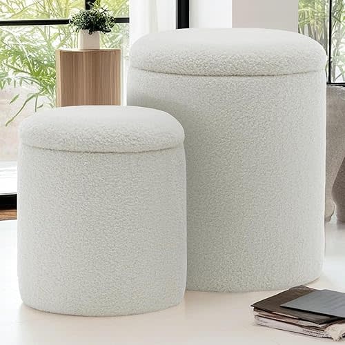 Round Ottoman with Storage, Set of 2, Small Vanity Stool with Storage as Vanity Chair, Sherpa Beige Ottoman Foot Rest for Small Space, Bedroom, Living Room