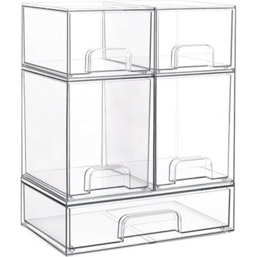 Vtopmart Stackable Storage Drawers Set of 5, Clear Plastic Organizer Bins for Beauty Supplies,Ideal for Vanity, Bathroom,Cabinet,Pantry Organization