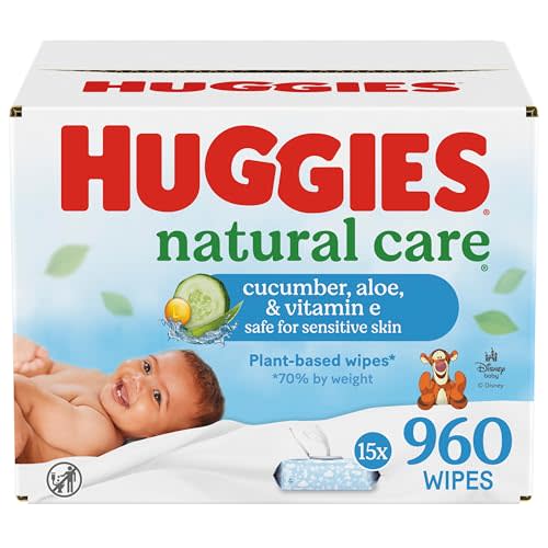 Huggies Natural Care Cucumber, Aloe and Vitamin E Baby Wipes, Hypoallergenic, Scented, 15 Flip-Top Packs (960 Wipes Total), Packaging May Vary