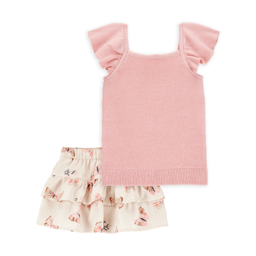 Baby 2-Piece Flutter-Sleeve Rib Tank & Butterfly Ruffle Skort Set - Pink/Ivory | Carter's