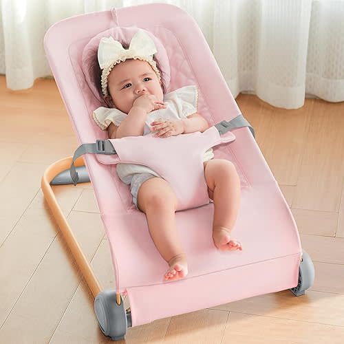Fodoss Baby Bouncer - Ergonomic Design Baby Bouncer Chair, Portable Baby Bouncer Seat for Infants, Bouncer for Babies 0-12 Month-Pink