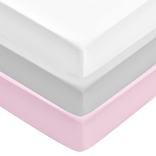 David's Kids 3 Pack Fitted Crib Sheets, Ultra Soft Comfy Breathable Baby Sheets for Boys Girls Neutral, 28x52 Inch Fits Standard Crib Mattress and Toddler Mattresses, White & Light Grey & Pink