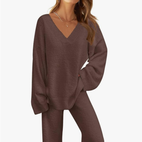 MEROKEETY Women's Lounge Sets 2025 Fall Fashion 2 Piece Outfits Sweater Pajama Set Fuzzy Loungewear Matching Winter Clothes