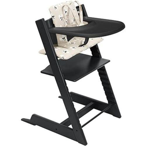Stokke Tripp Trapp High Chair 2 (Black), Cushion 2 (Mickey Signature) + Stokke Tray (Black) - Includes Chair + Baby Set with Removable Harness for Children 6-36 Months