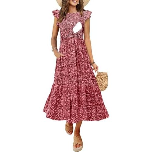 Women's Nursing Dress Flutter Short Sleeve Crew Neck Smocked Elastic Waist Tiered Midi with Pockets