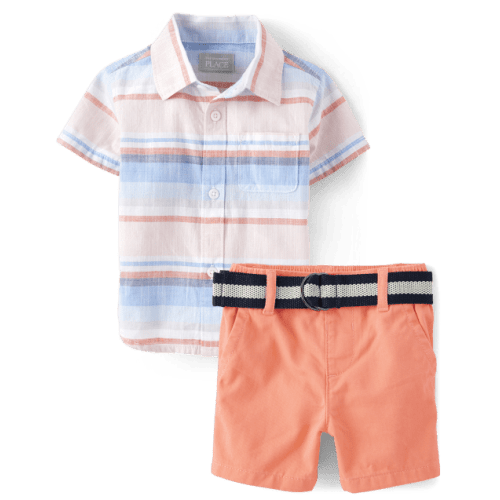 Baby Boys Dad And Me Striped Chambray 2-Piece Outfit Set - Coral