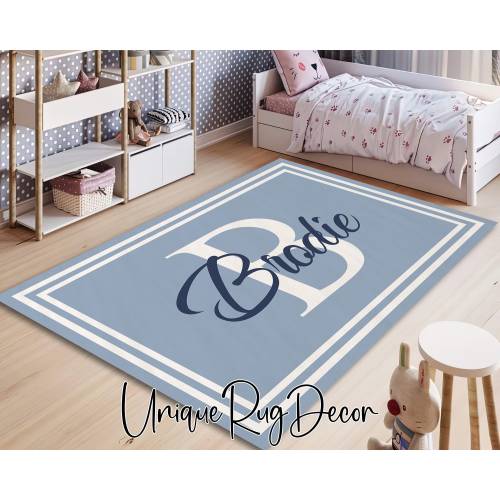 Custom Monogram Nursery Blue Rug, Personalized Baby Boy Room Carpet, Nonslip Soft Carpet, Initial Mat, Baby Shower Decor Gift