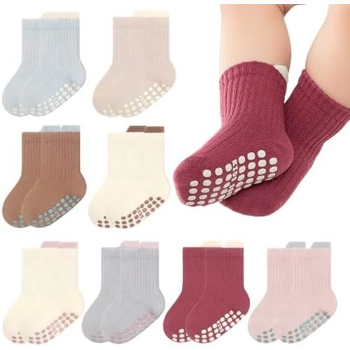 8 Pairs Baby Toddler Socks Non-Slip Grip Socks for Boys Girls Newborn Infant Baby Cotton Crew Sock with Grips 0-5T