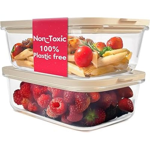 Ziruma Non-Toxic 6.2 Cup Glass Food Storage Containers with Lids, Large Food Containers, Plastic Free Meal Prep, Airtight Food Storage Container, Microwave and Freezer Safe, 2 Pack