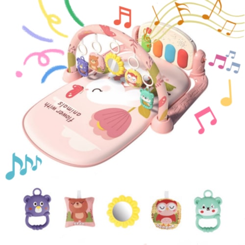 Baby Gyms Play Mats, Tummy Time Mat Toys, Kick and Play Piano Gym with Music and Lights for Babies Newborns and Toddlers, Baby Activity Mat Toys 0-3-6-12 Months Pink Rabbit