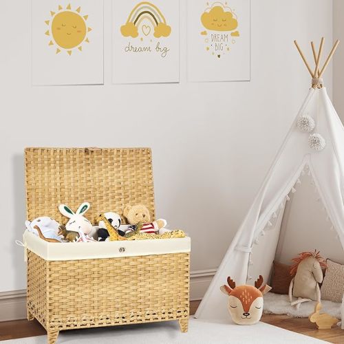 Wicker Storage Basket with Lid,Rattan Shelf Basket with Removable Liner Bag,160L Storage Bin,Storage Trunk with Heightened Feet,Storage Container for Wardrobe,Home Organizer