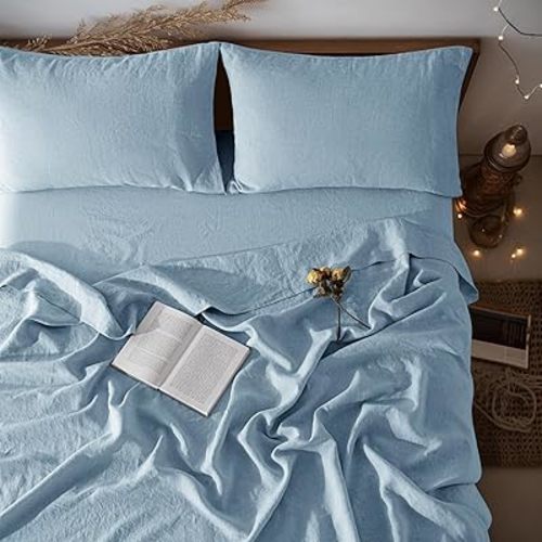 LBR02M 100% Linen Sheet Set King Size,Bed Sheets 4 Piece Sets,Solid Color Natural Flax Bed Sheets Soft Breathable Bedding,16" Deep Pocket,All Season (King, Dusty Blue)