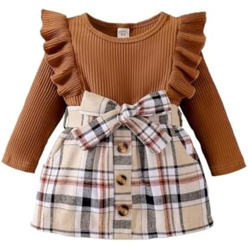 Noubeau Toddler Baby Girls Plaid Outfits Knit Ribbed Sweatshirt Shirt Tops Red Plaid Belt Skirt Fall Winter Clothes