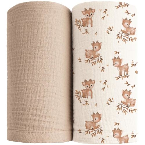 Konssy Muslin Swaddle Blankets 2 Pack, 100% Cotton Receiving Blanket Large 47 x 47 inches for Baby Boys Girls, Soft Breathable Muslin Baby Blanket for Newborn (Deer,Wheat)
