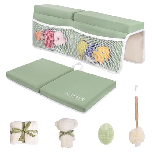 Baby Bath Kneeler and Elbow Rest Pad Set, Kneeling Pad for Bathing Baby and Elbow Pad with Bath Brush and Hand Towel, Bathtub Kneeler and Elbow Rest Set with Organizer - Cozy Green